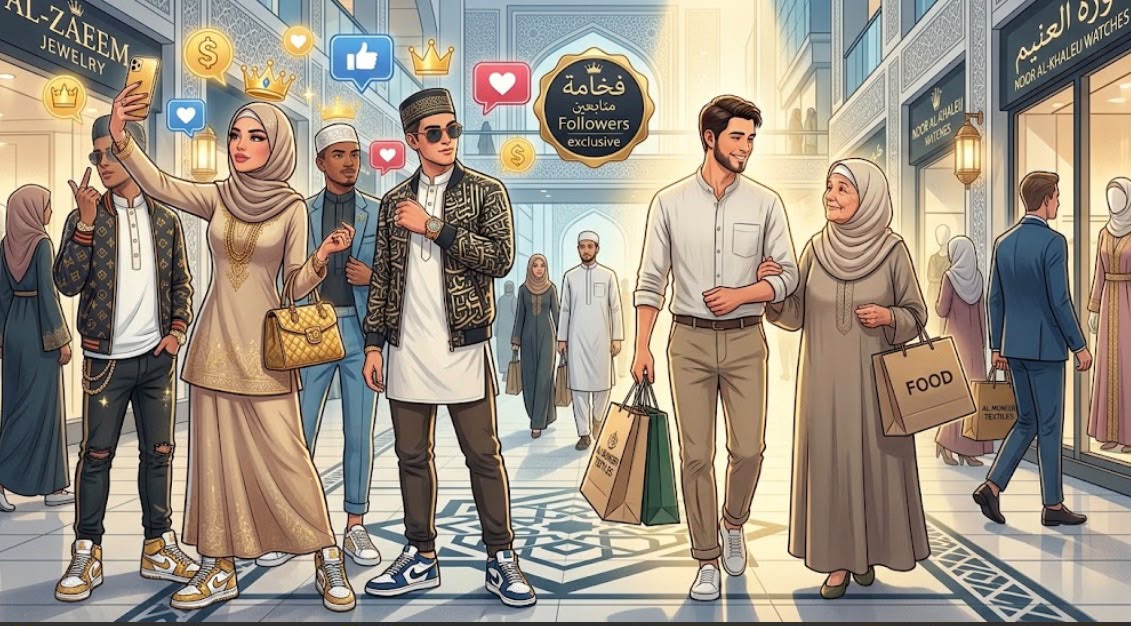 Ilustrasi kontras gaya hidup pamer status di media sosial dengan sikap bersahaja dan rendah hati saat merawat orang tua di kehidupan nyata.