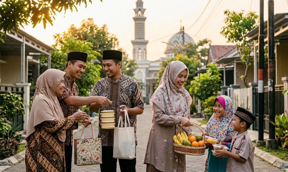 Warga Muslim saling berbagi makanan dan buah kepada tetangga di lingkungan perumahan dengan latar masjid, mencerminkan makna Maulid Nabi dan keteladanan akhlak Rasulullah.