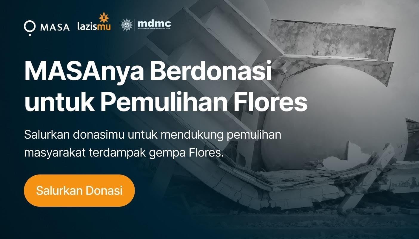 Banner kampanye digital donasi gempa Flores dari Aplikasi MASA, Lazismu, dan MDMC yang menampilkan reruntuhan bangunan hitam putih.