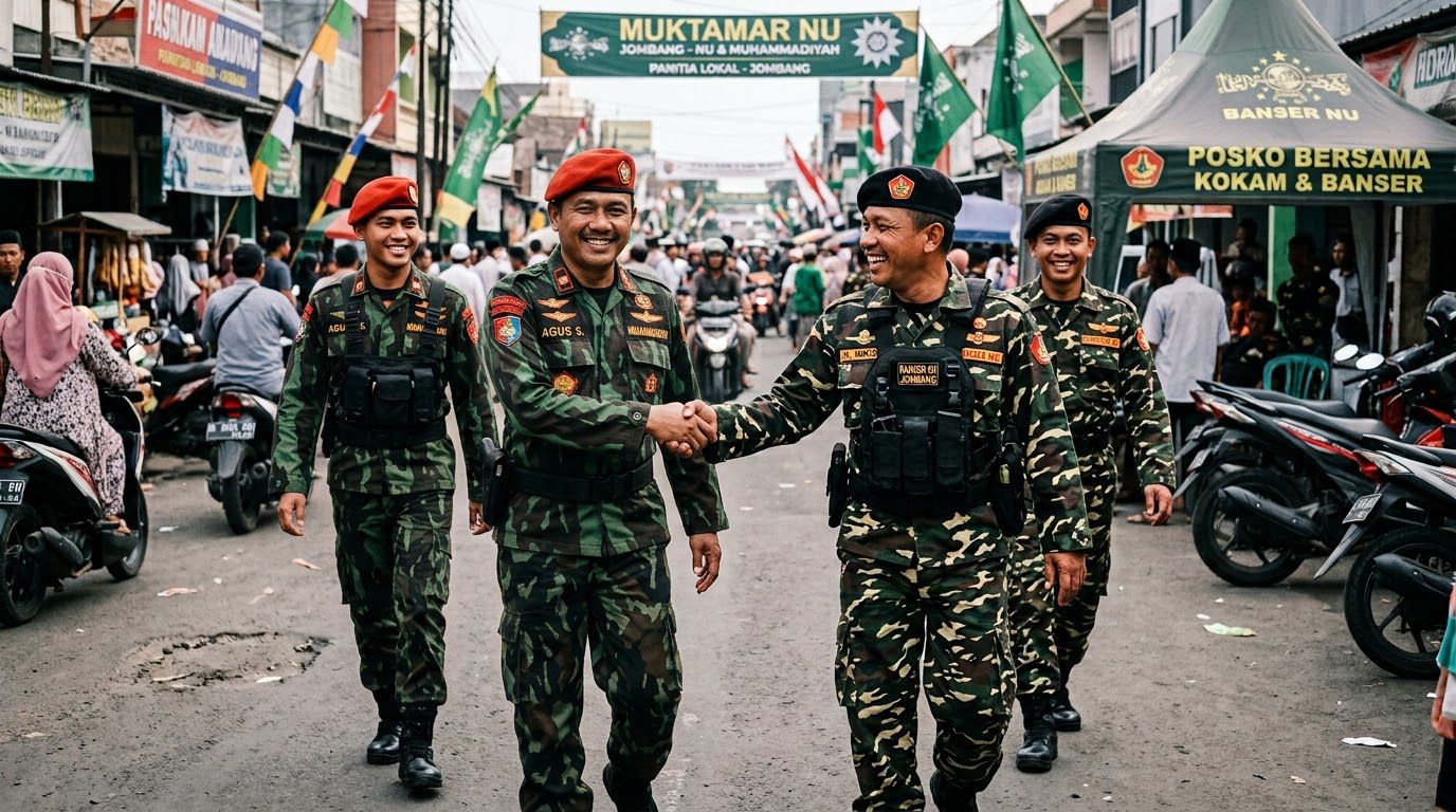 Pasukan Kokam Muhammadiyah dan Banser NU berjabat tangan saat berkolaborasi menjaga keamanan Muktamar NU di Jombang.