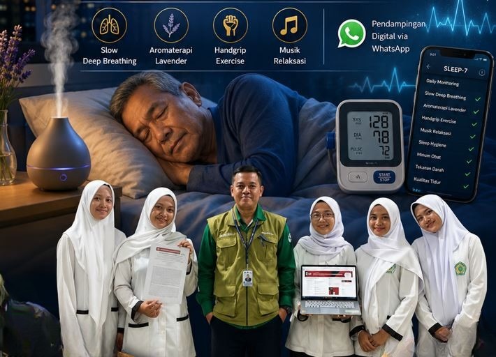 Tim mahasiswa Keperawatan UNIMUS bersama dosen pembimbing menunjukkan dokumen sertifikat HKI dan tampilan aplikasi digital SLEEP-7, berlatar belakang ilustrasi pasien lansia tidur nyenyak dengan alat tensi darah dan fitur terapi alami.