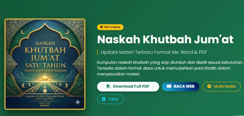 Tampilan halaman website yang menyediakan fasilitas download khutbah Jumat gratis format PDF dan Word karya Ustaz Kasmui sesuai manhaj Muhammadiyah.