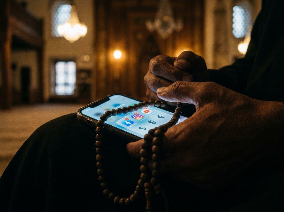 Tangan seseorang memegang tasbih dan smartphone bersimbol media sosial serta uang, mengilustrasikan godaan duniawi dan bahaya syirik modern saat beribadah.