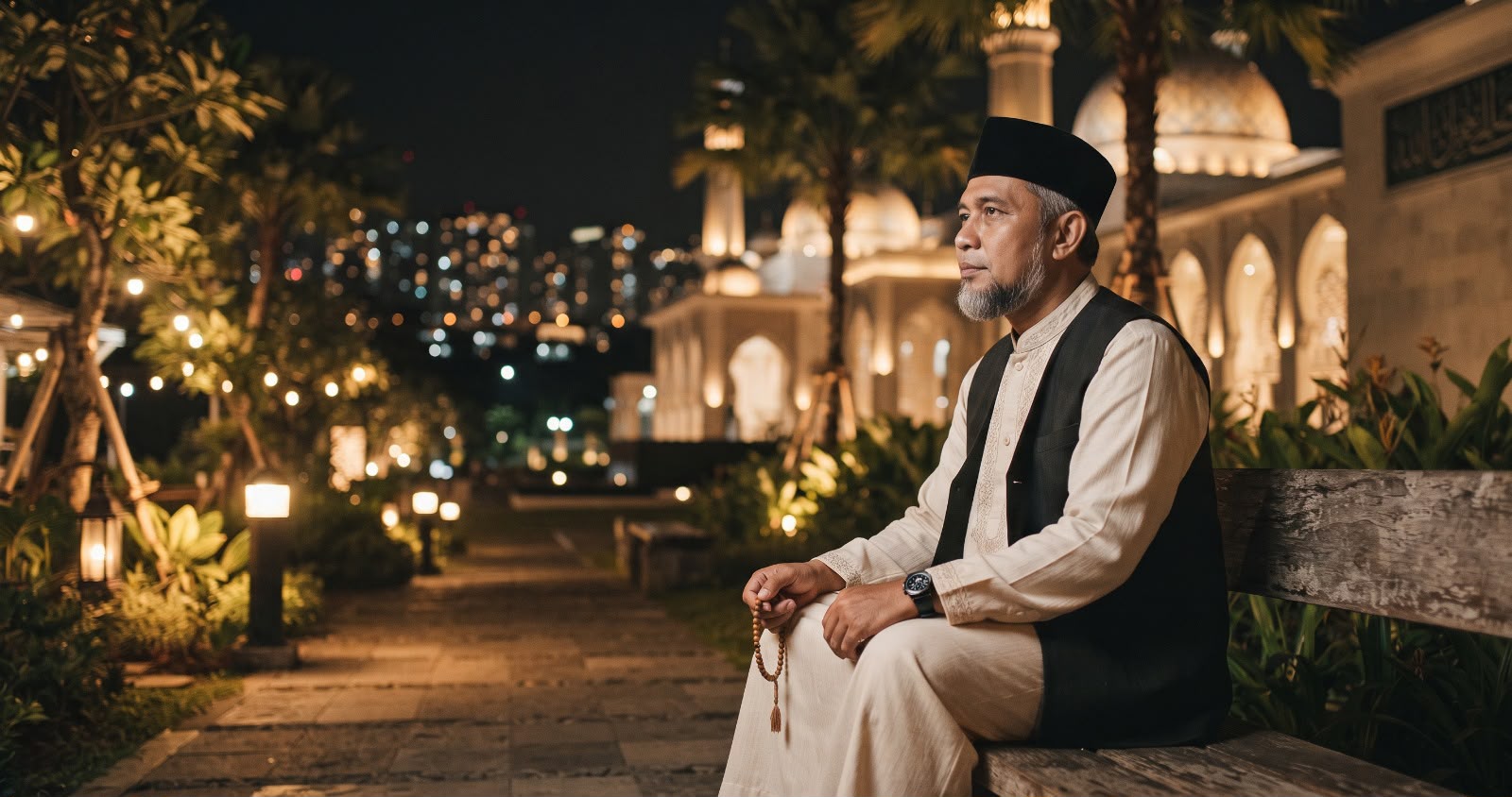 Pria Muslim paruh baya mengenakan peci dan pakaian koko memegang tasbih sambil duduk di bangku taman masjid pada malam hari untuk menggambarkan ketenangan batin dan kecerdasan spiritual.