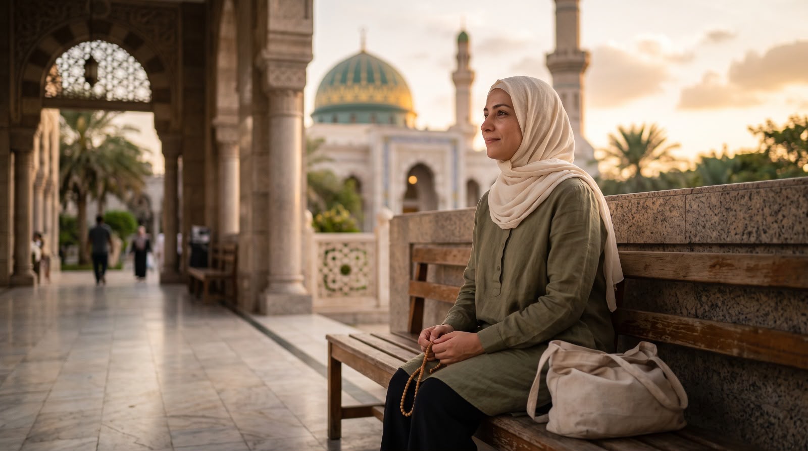 Seorang wanita berhijab memegang tasbih dan tersenyum damai di teras masjid saat senja, merepresentasikan ketenangan jiwa dan ilmu ikhlas dalam menghadapi ujian hidup.