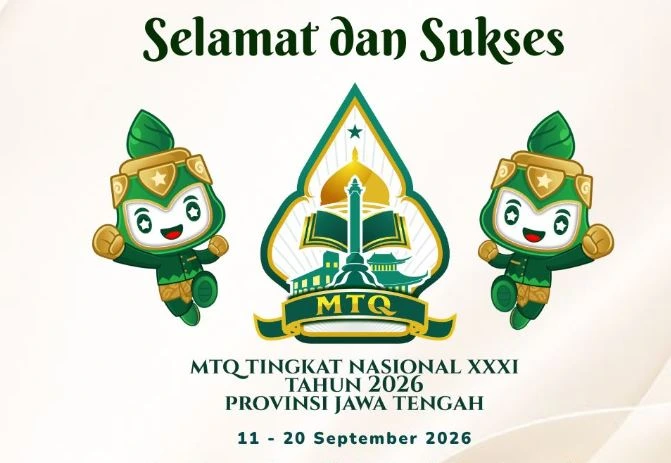 Poster ilustrasi ucapan selamat dan sukses MTQ Nasional XXXI 2026 Jawa Tengah menampilkan logo resmi berbentuk gunungan serta dua karakter maskot bernuansa hijau.