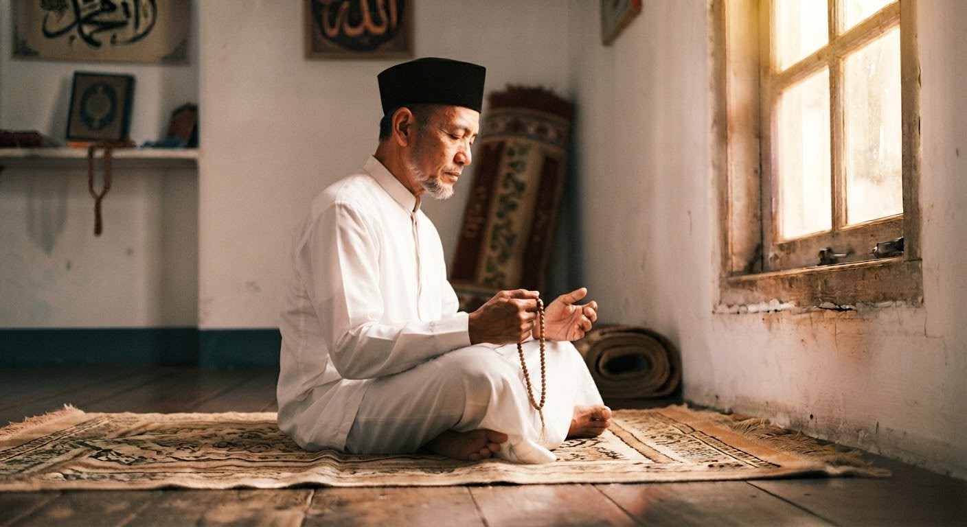Seorang pria Muslim mengenakan baju koko putih dan peci hitam duduk khusyuk di atas sajadah sambil berdzikir, merepresentasikan ketenangan hati serta tawakal dan rezeki.