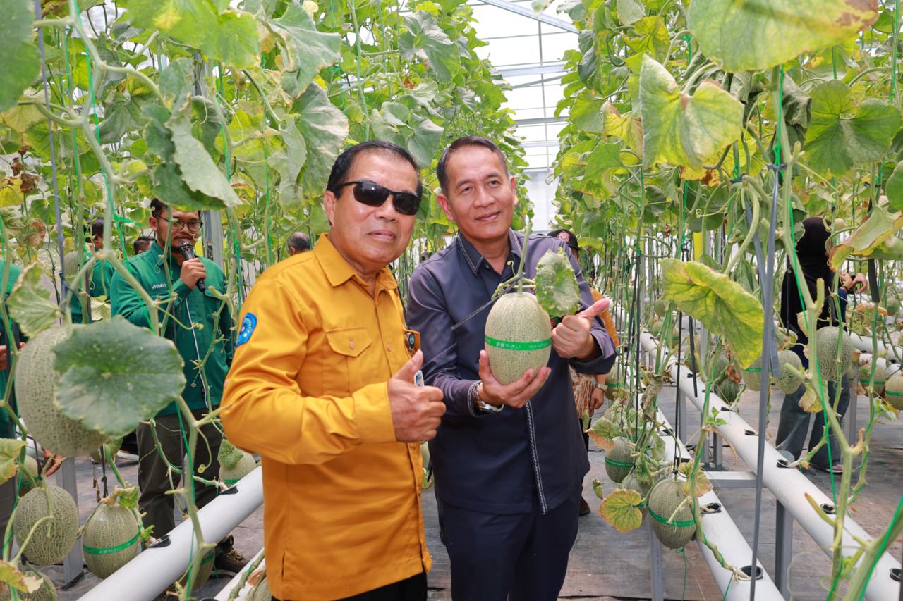 Pimpinan instansi dan rektor UNIMUS menunjukkan buah melon segar hasil budidaya hidroponik di greenhouse kampus