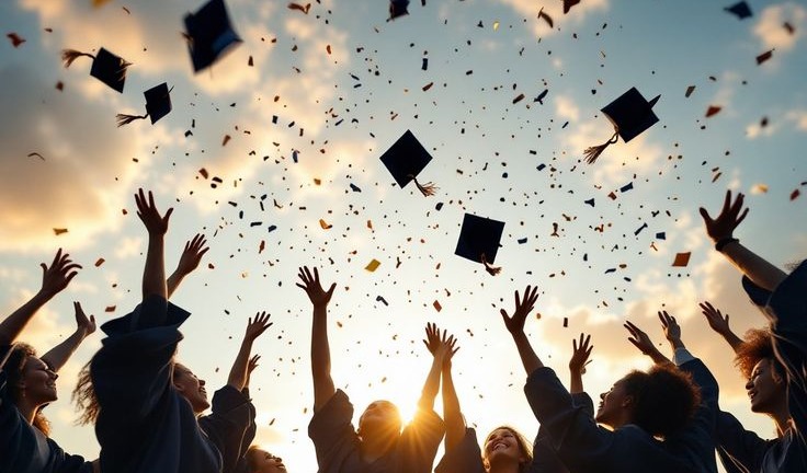 Siluet puluhan wisudawan mengenakan jubah toga melempar topi toga dan konfeti ke udara berlatar belakang langit senja berawan yang cerah dan hangat.